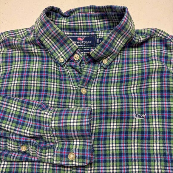Vineyard Vines Shirt Mens Large Blue Plaid Slim Fit Whale Button Down Flannel - Picture 1 of 13